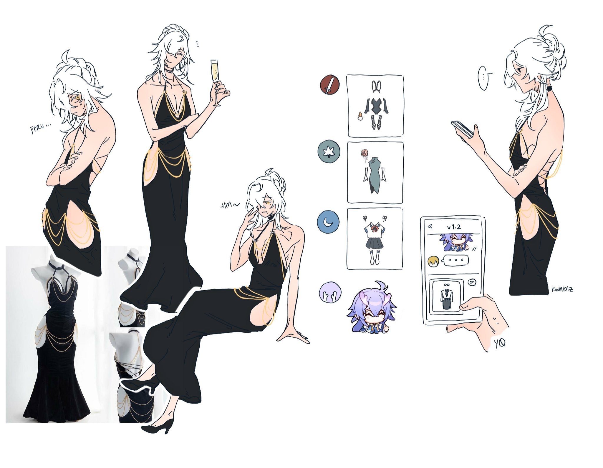 the image shows an anime girl with long white hair shopping for a new dress online. she is trying on different dresses on her phone and seems to be very happy with the selection. the image is drawn in a cute and stylish cartoon style.