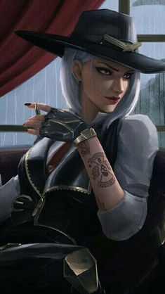 the image shows a woman with white hair and piercing blue eyes, sitting comfortably in a plush chair. she's dressed in a stylish black and brown outfit that includes a widebrimmed hat, a fitted vest, and long gloves. a  gun holster is strapped to her thigh. her arms are adorned with intricate tattoos, and she sports a confident smirk. the setting suggests a dimly lit room, and the soft light highlights the details of her face and clothing. a window in the background reveals a rainy day outside, creating a cozy and atmospheric scene.