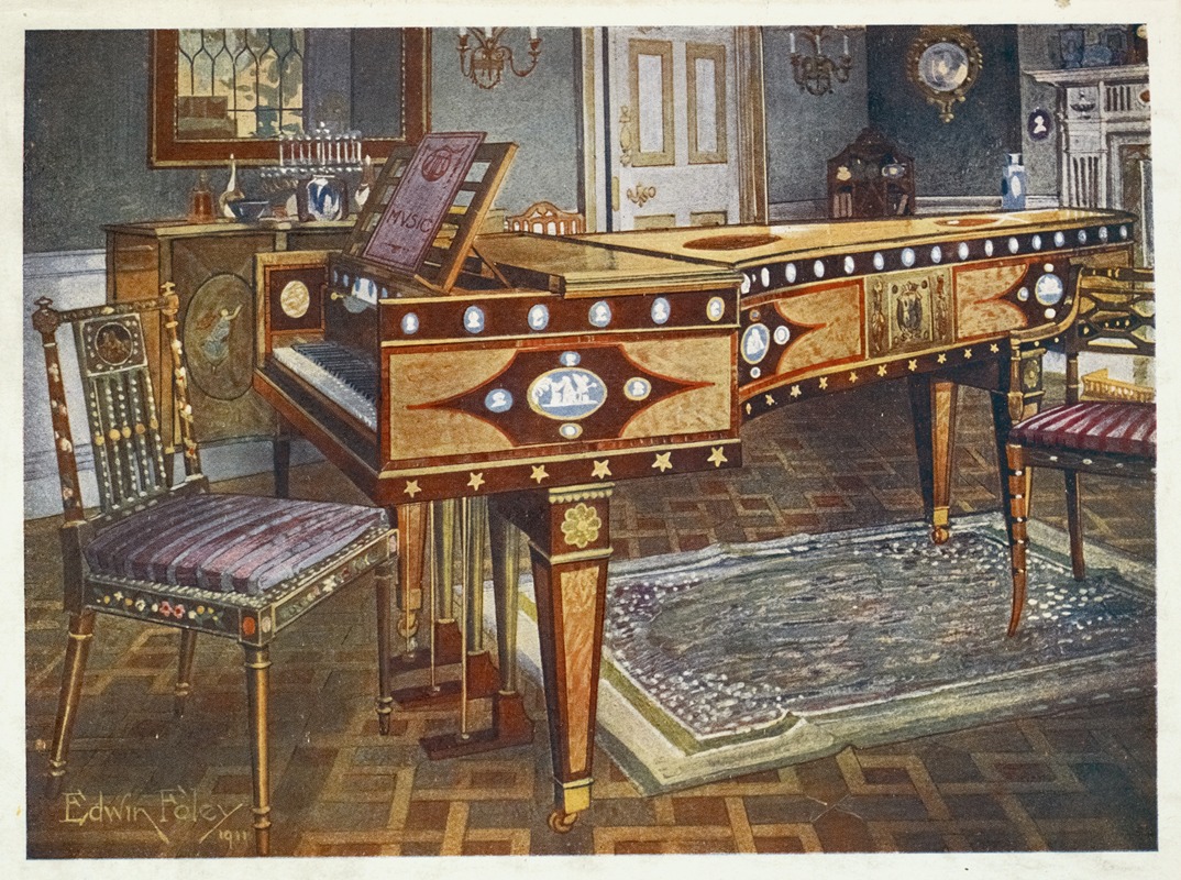 the image shows a detailed illustration of an interior scene featuring a highly decorated piano as the main subject. the piano has elaborate ornamentation, including inset medallions and stars. a chair with a striped cushion sits nearby. a rug covers part of the parquet floor. in the background, there is a dresser, a doorway, a mirror, and a chandelier, indicating a wellappointed room. the illustration appears to be from an earlier time period, possibly late 19th or early 20th century. the overall style suggests a formal and elegant setting.