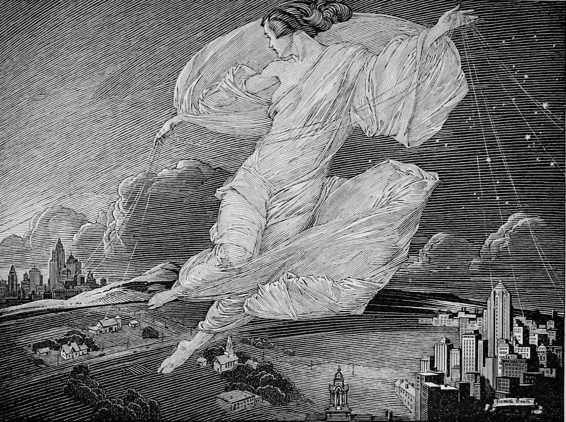 the image is a black and white woodcut or engraving, likely from the art deco or art nouveau period, depicting a stylized female figure, possibly a goddess or angel, floating in the clouds above a landscape that contrasts a rural scene with two depictions of a modern city (possibly new york city). the woman is draped in flowing garments and appears to be manipulating strings or threads extending toward the stars in the night sky.  the style uses fine lines and hatching to create texture and a sense of movement. the cities are rendered with architectural details, suggesting a modern era (possibly the 1920s or 1930s), while the countryside is simpler in detail, creating a strong contrast between urban and rural environments. the overall effect is one of ethereal beauty and a juxtaposition of the modern world with a spiritual or dreamlike realm. the artist's skill is evident in the fine detailing and the effective use of light and shadow.  the style suggests a possible attribution to frank brangwyn based on stylistic similarities to his work.