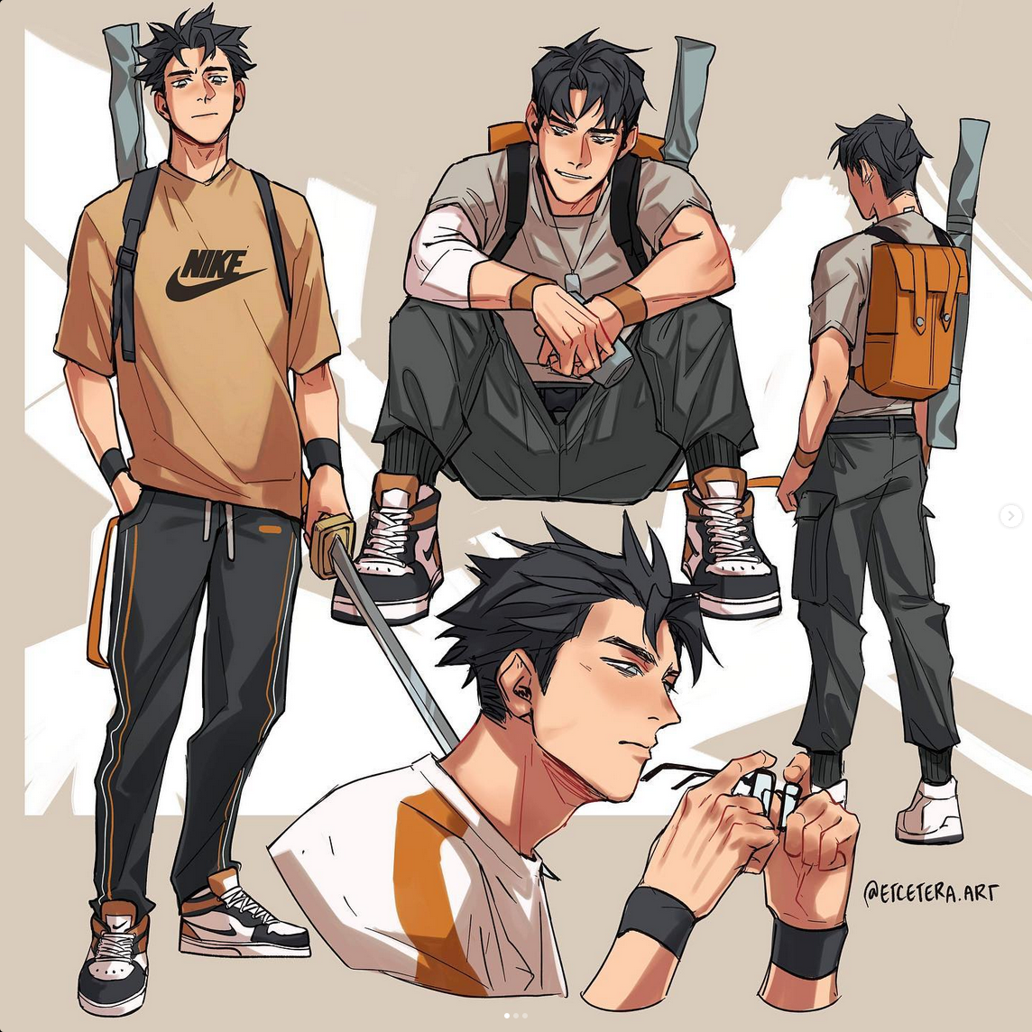 an illustration of a young man wearing streetwear, drawn in a stylized comic book style. he has short, dark hair, and is carrying a katana. in different poses, he is shown wearing a nike tshirt, cargo pants, and sneakers, with a bag slung across his shoulder.