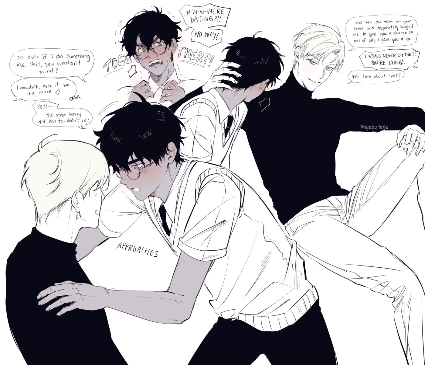 the image is a collection of interconnected panels depicting a playful and intimate interaction between several young men, consistent with the style of anime or manga fan art.  the central focus is on two boys, one with glasses, who are physically close and engaging in dialogue that suggests a budding romantic relationship. their words reveal a shy confession of feelings and a playful argument about their relationship status. the other panels show interactions between other male characters, suggesting different aspects of their relationships or observations on the main couple's interaction. the style is sketchy but detailed, with expressive character designs and gestures emphasizing emotions and closeness. the overall tone is lighthearted and romantic, yet with underlying shy and intimate undercurrents.