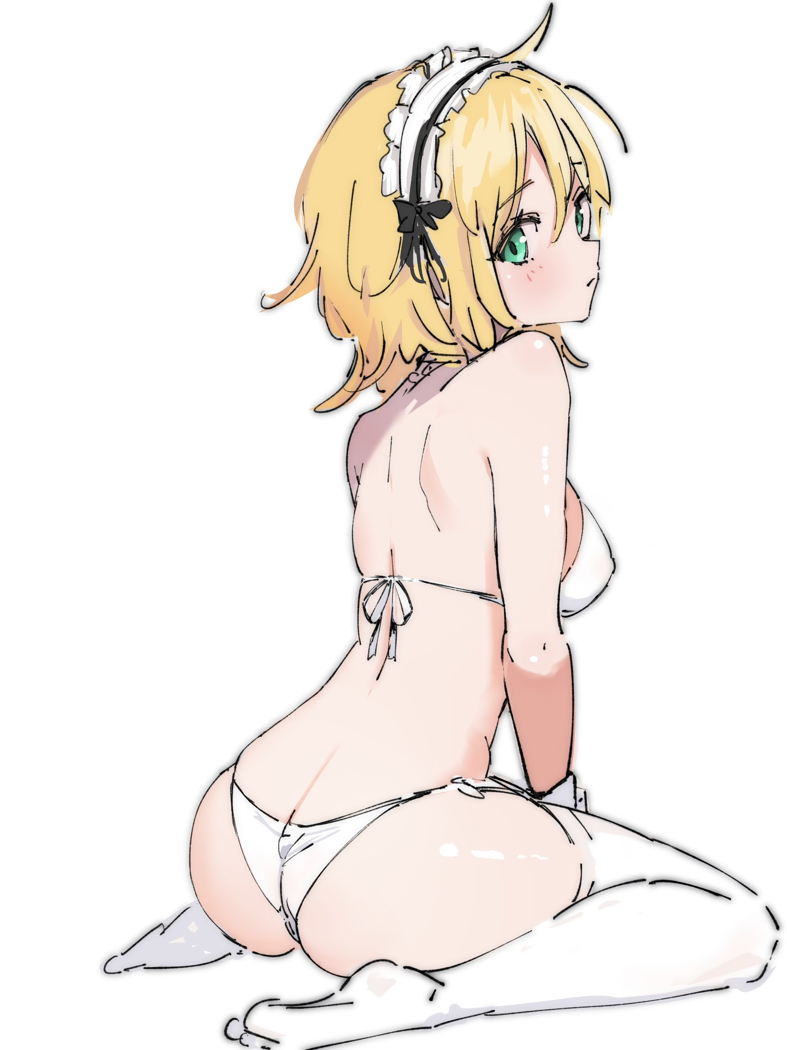 he image is an animestyle illustration of a young woman with short blonde hair and green eyes. she is dressed in a white bikini and white stockings, and is wearing a maid headband. she is sitting with her back to the viewer, her body angled slightly to the side. the style of the illustration is light and sketchy, with soft shading and lines. the overall tone is suggestive but not overtly sexual.