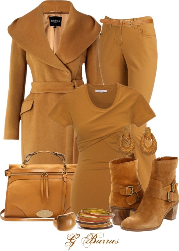 an eyelevel studio shot displays a full outfit and accessories coordinated in various shades of brown and tan. from left to right, the ensemble includes a fulllength, belted, brown coat from hobbs; a brown purse; a tan, formfitting midi dress; several stacked bangles; teardrop earrings; brown pants with a belt; and suede ankle boots.