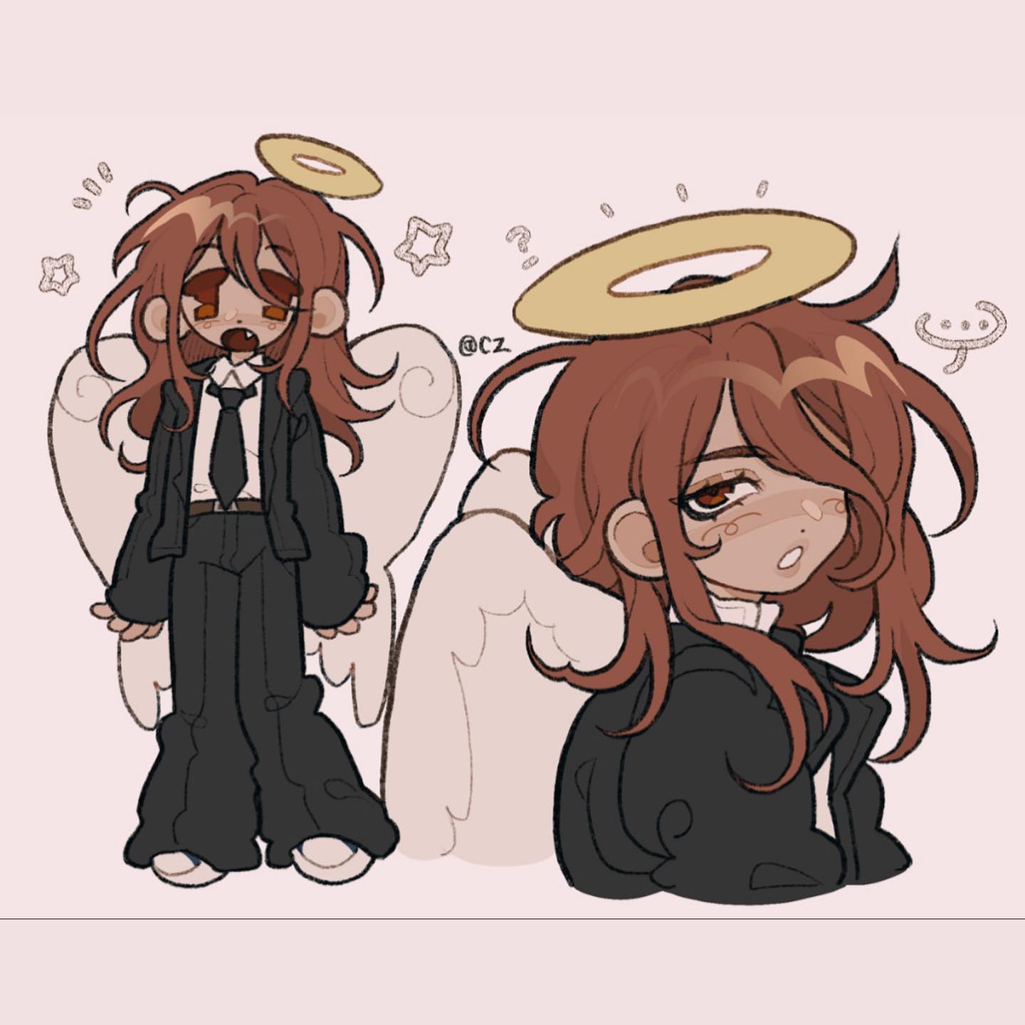 he image contains two illustrations of a chibistyle anime girl with angel wings and a halo.  the first depicts her in a business suit, looking slightly tired or unimpressed.  the second shows her in a darker, more casual jacket, with a similar expression. both illustrations are done in a soft, pastel color palette with a slightly muted, melancholic feel. the style is cute and kawaii, but also possesses a touch of subtle edginess in the character's expressions and clothing choices.