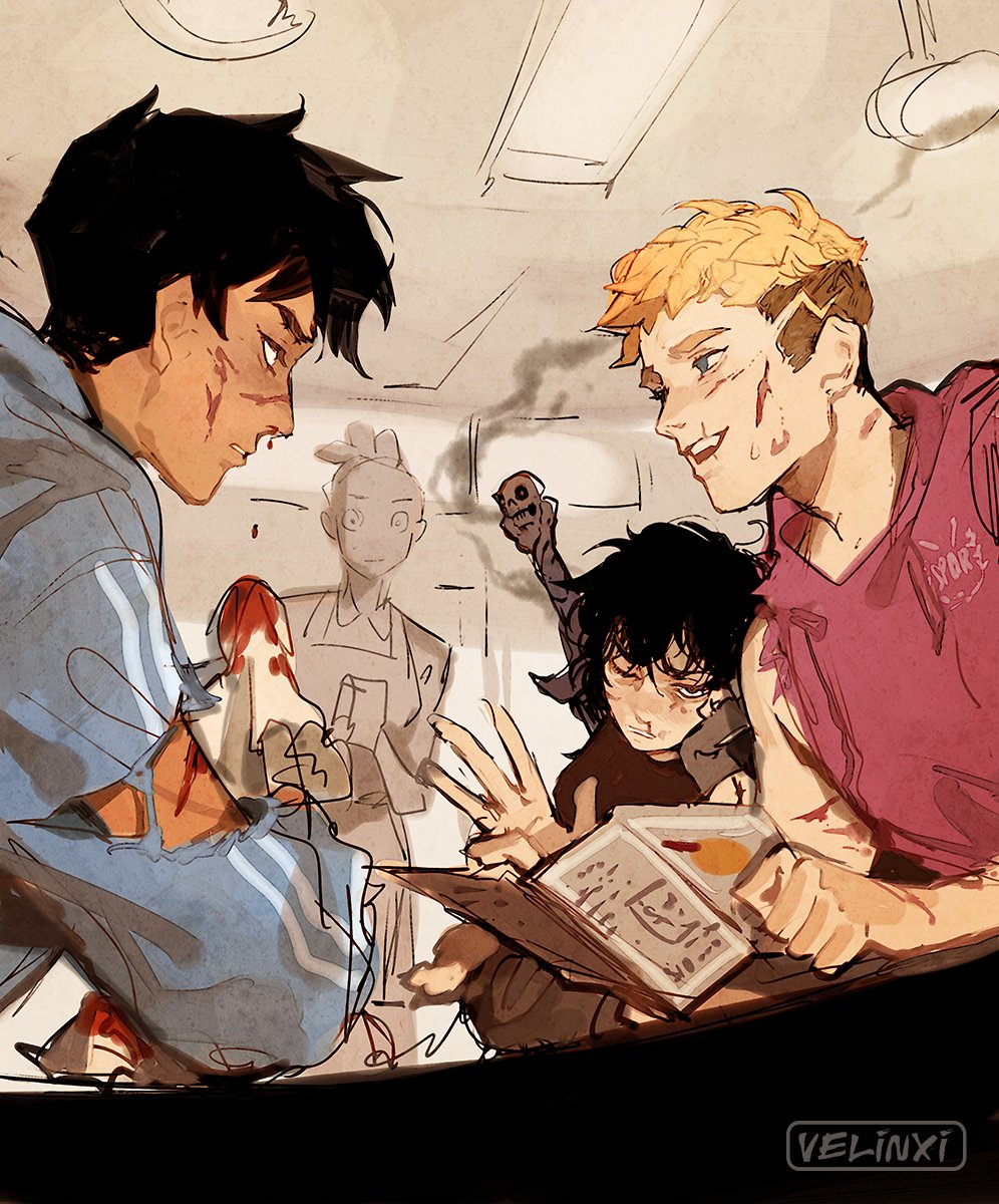 the drawing depicts a scene in a hospital room with three young men, likely from the percy jackson series. percy jackson, with black hair, is wearing blue and white striped pajamas and has cuts and blood on his arm and face. will solace, with blond hair, is wearing a torn magenta shirt and also has cuts and blood. nico di angelo, with black hair and a dark complexion, sits between them, looking at a book. behind them stands a ghostly figure in an apron, and next to nico, a zombie hand holds a skull. the room is a typical hospital setting with bright lights.