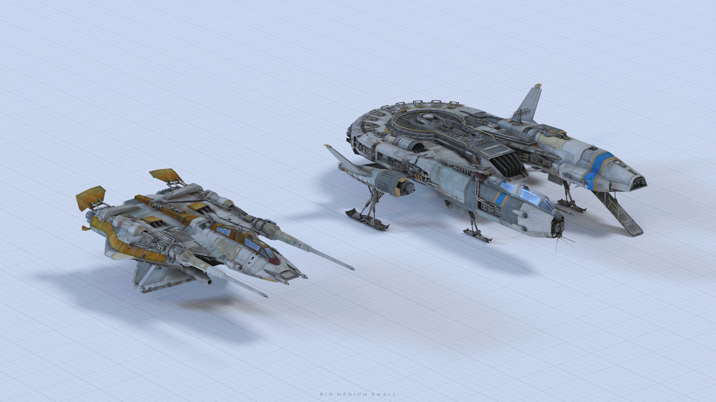 a 3d rendering of three spaceships of varying sizes positioned on a gridded background. the largest ship is a bulky, multisectioned craft with blue and yellow accents.  the mediumsized vessel sits beside it, noticeably smaller. a smaller, fighterlike ship is shown separately. the image implies a size comparison of the three ships with the caption "big medium small" at the bottom. the ships have a worn, battledamaged appearance. the overall style is consistent with science fiction aesthetics.