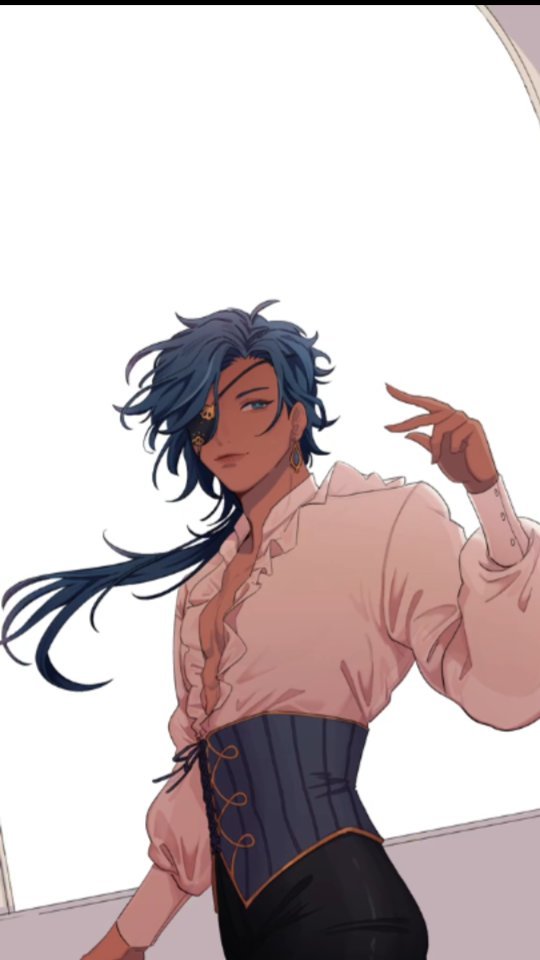 he image showcases an animestyle illustration of a young man. he has long, flowing blue hair, a noticeable eyepatch covering his left eye, and tan skin. he's dressed in a light pink, ruffled shirt, a dark blue corset, and dark pants. his attire suggests a blend of pirate and elegant styles. the man's pose is confident and slightly flirtatious, one hand raised gracefully. the background is simple, a muted palette focusing the attention on the character. the overall artistic style is soft and detailed, highlighting the character's features and clothing. the image is welllit, emphasizing the color and texture of his clothing.