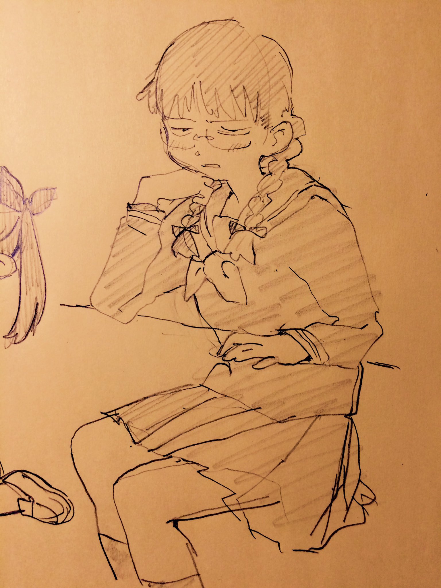 the image is a sketch of a girl, potentially an anime character, wearing a sailor uniform. she appears tired or bored with a hand on her chest and a neutral expression. her posture is slouched, suggesting discomfort or lack of interest. the drawing style is loose and expressive, using shading to create depth and volume.