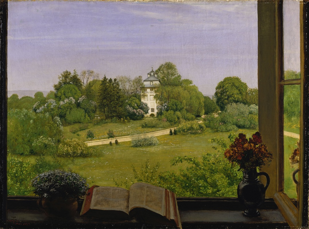 the image is a painting depicting a view from an open window overlooking a lush green garden. in the foreground, on the windowsill, there's an open book, a potted plant with blue flowers, and a black vase filled with red and orange flowers. the garden beyond features a large green lawn, various trees, shrubs, and a path leading to a white house with a tower. the sky is a light purple color. the window frame is dark and provides a contrast to the bright, natural scene beyond.