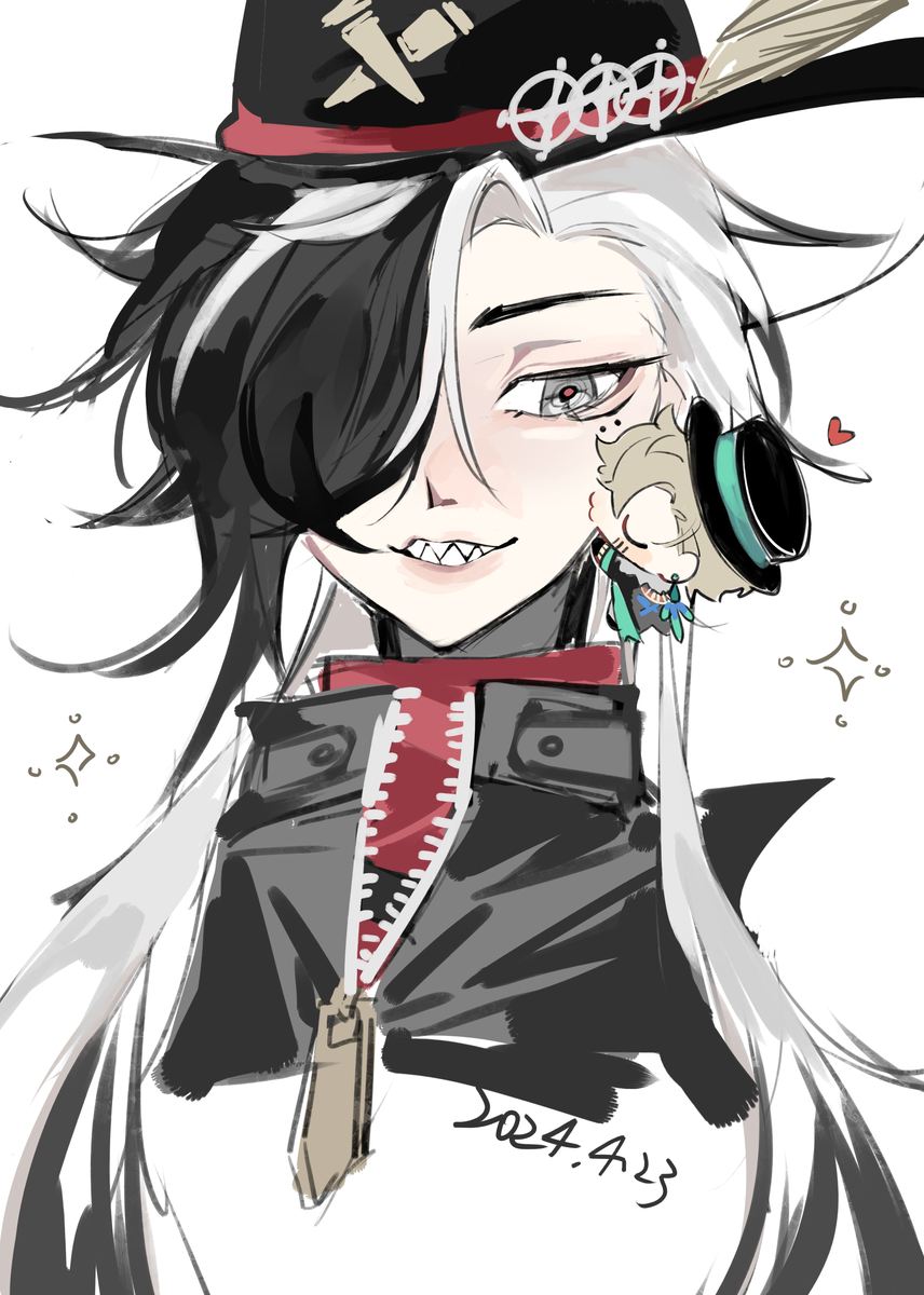 a digital illustration of an anime character. the character is a young boy with long white hair, black hair at the front, and red eyes. he is wearing a black jacket with a red zipper, and a red scarf. he has a small chibi friend on his shoulder and is smiling towards the viewer. the image is drawn in a manga style and features a white background.