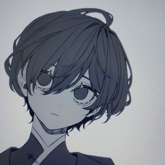 the image shows a black and white, digitally drawn, closeup portrait of an animestyle boy. the boy has short, messy hair and a neutral expression. his eyes are large with noticeable lines underneath, suggesting fatigue or sadness. he appears to be wearing a traditionalstyle, highcollared shirt.  the image utilizes soft lighting and grayscale shading to create depth and emotion.