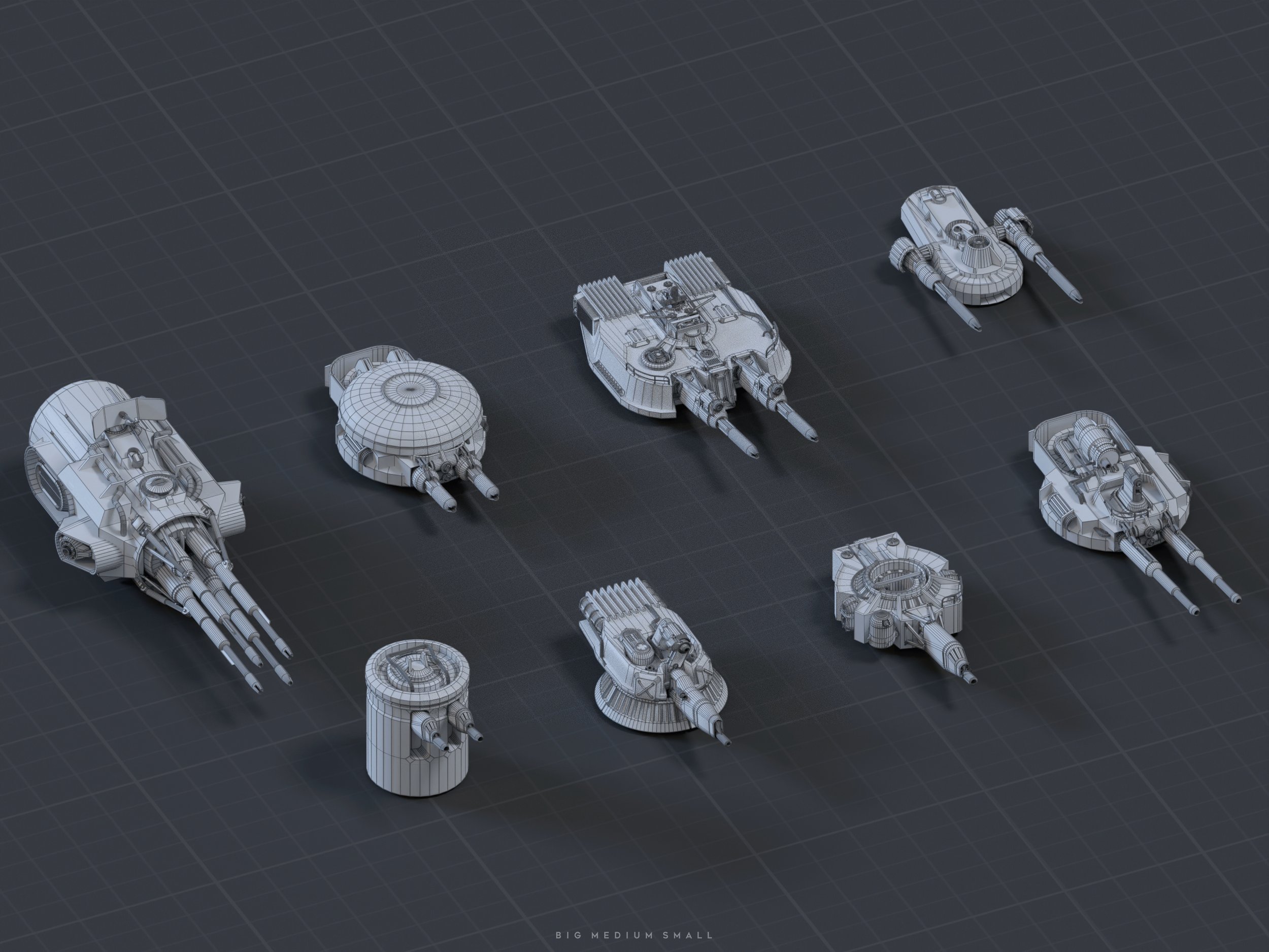 this image shows eight 3d wireframe models of futuristic spaceship turrets, ranging in size from large to small.  they are displayed on a dark gray grid background, allowing for a clear view of their structure and design. the models appear to be game assets, possibly for a scifi game. the text "big medium small" is visible in the bottom center, indicating the size variation.