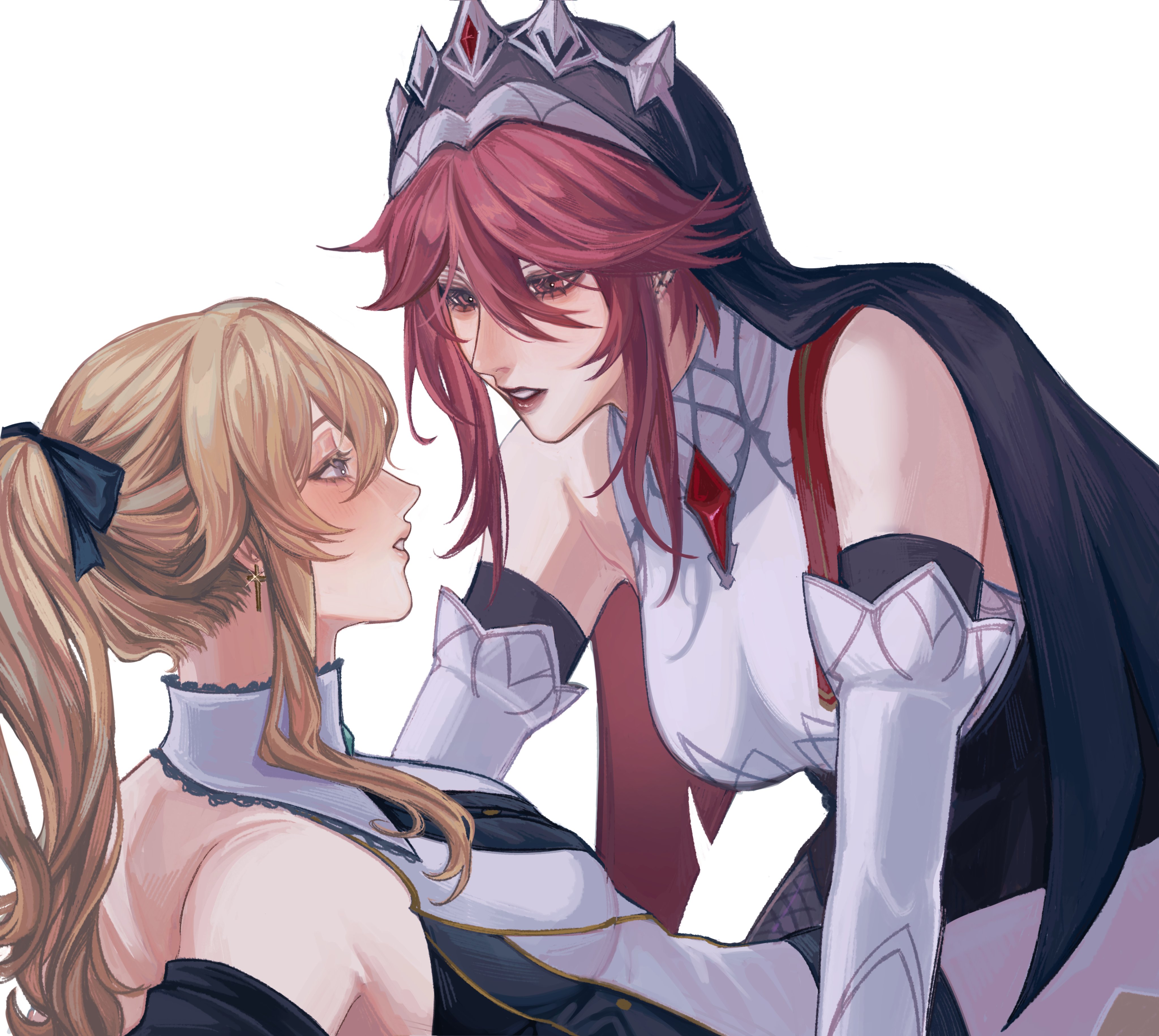 the image is a digital art illustration of two women, one with blonde hair and the other with pink hair, dressed in fantastical outfits, looking at each other with fondness and a hint of affection. the woman with blonde hair is wearing a black and white dress, a black headband with a bow, and a gold earring. the other woman is wearing a crown, a black cloak, and a white dress with red and black accents. both characters have an air of magic and power about them. the image is set against a plain white background, creating a sense of focus and emphasis on the characters.
