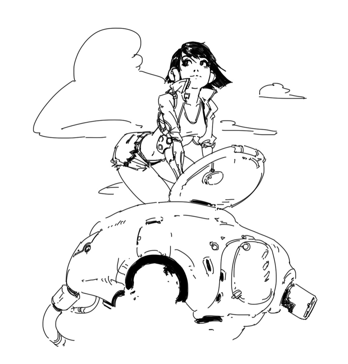 the image is a dynamic black and white line drawing, possibly digital, depicting a young animestyle girl with short hair and headphones sitting atop a futuristic, rounded, mechlike vehicle. the girl is casually dressed in short shorts and a jacket.  the vehicle appears somewhat organic in its design. the background is simply rendered with light clouds suggesting an open sky. the overall style is reminiscent of cyberpunk art or manga. the sketchlike quality adds to its expressive feel.