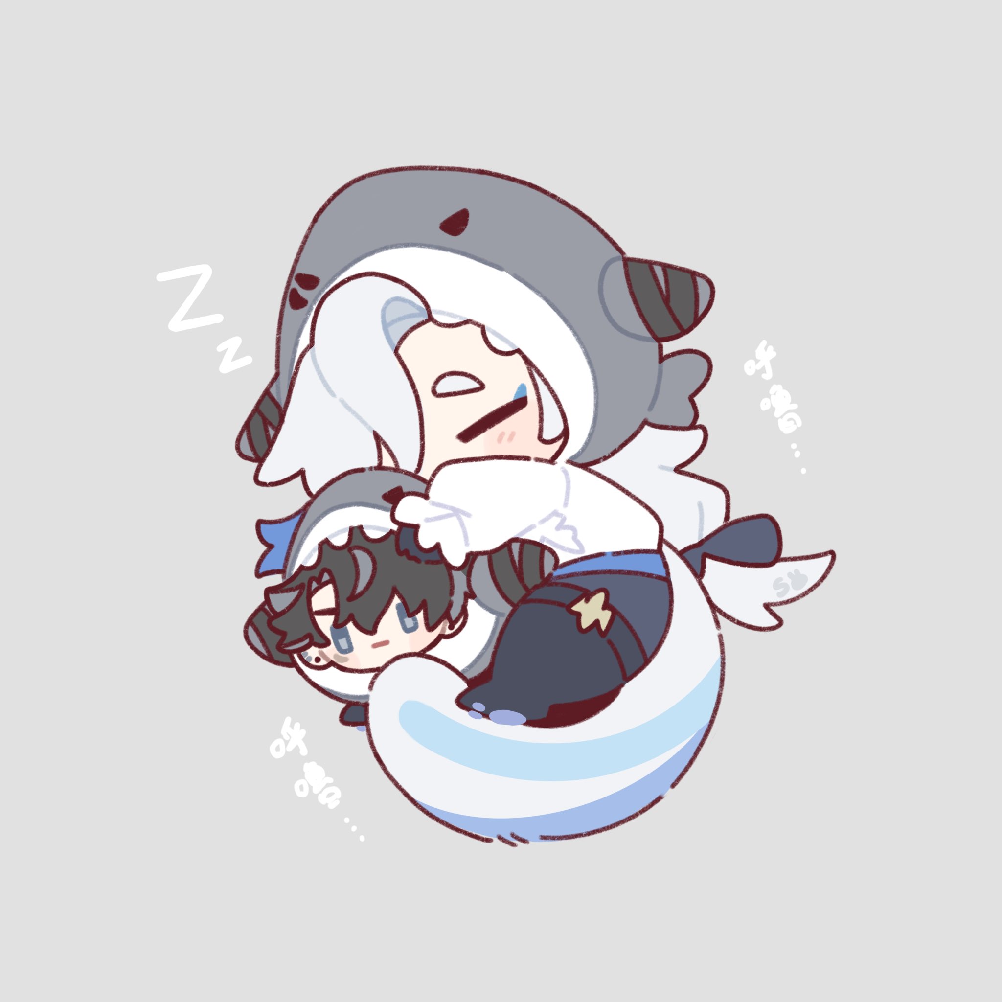 he image is a digital drawing of two chibi characters in a warm embrace. the larger character is wearing a sharklike hood with long white hair, while the smaller character is nestled in their arms and appears to be wearing a smaller, similar head covering. the overall style is light, pastel, and cute. the scene is peaceful, suggesting comfort, and friendship. the characters' expressions are serene and friendly. the background is a simple gray, drawing focus to the characters. the style suggests it may be fanart, potentially for a game or anime.