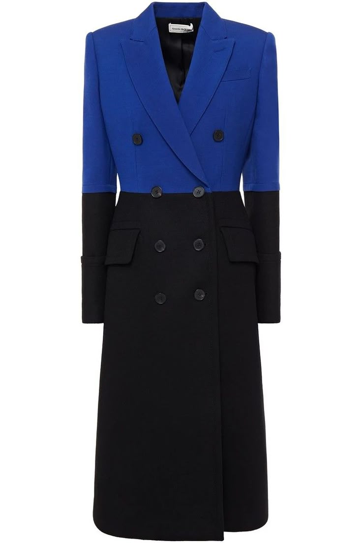 a women's doublebreasted longsleeve midi coat dress in black and blue with a lapel collar.