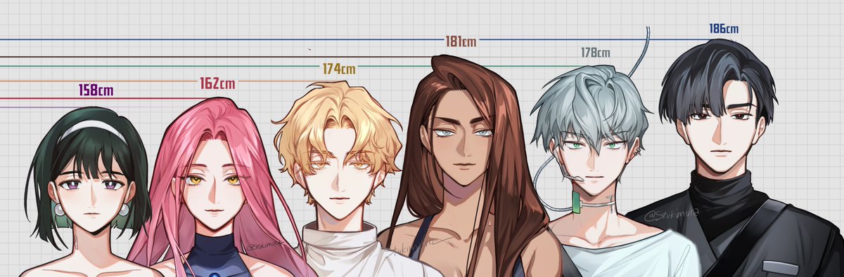 the image is a digital illustration of seven anime characters standing in a line. each character has a different height, which is indicated by a line and number above their head. the characters are drawn in a colorful style and each has a unique hairstyle and expression.  the background is a simple grid.