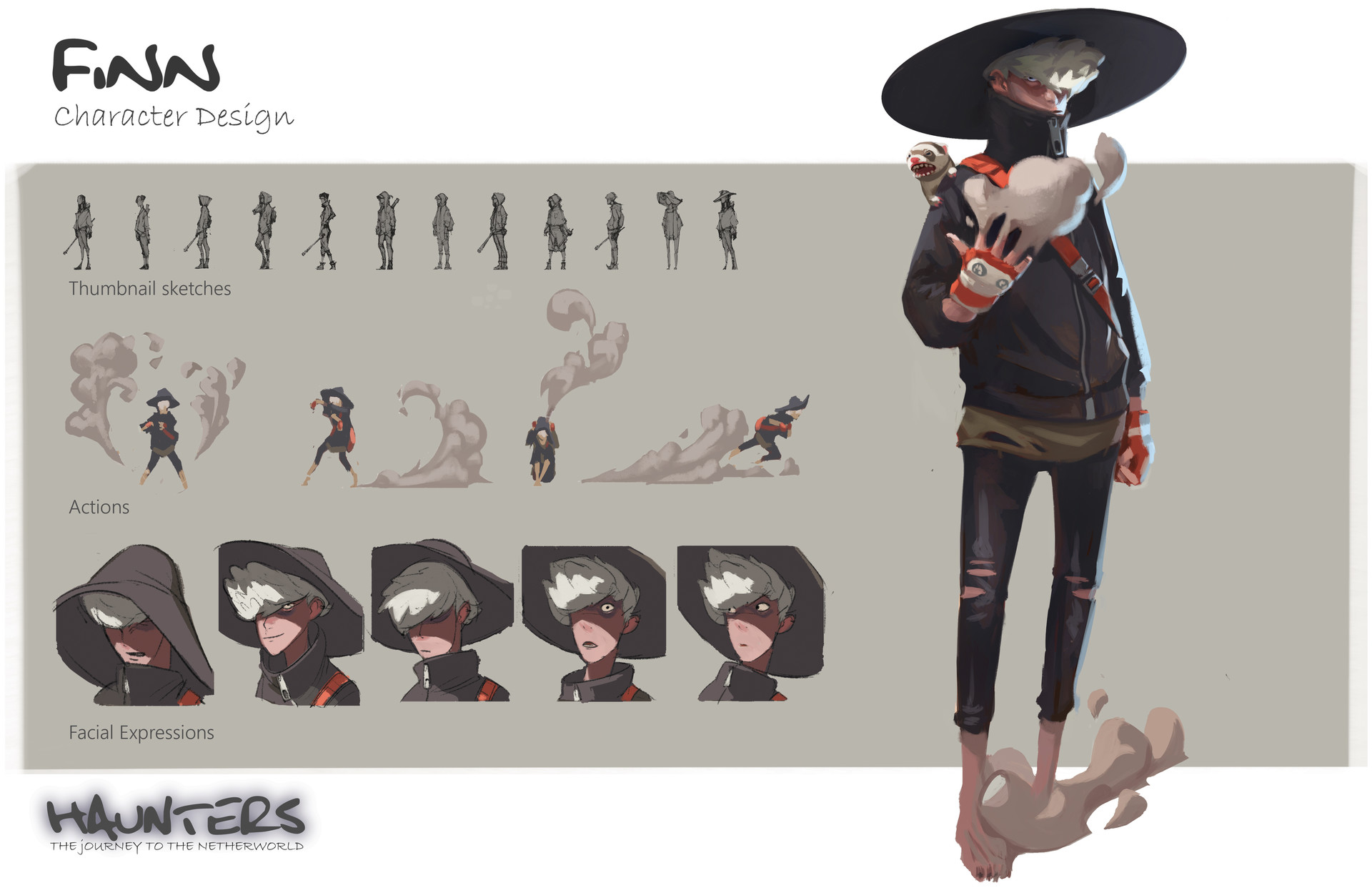 a character design sheet for a video game character called finn. the sheet shows finn in various poses and expressions, as well as thumbnail sketches of his character, his actions, and facial expressions. the character is a human with white hair and is wearing a black jacket with a red bandana, a hat, and ripped black pants. he is carrying a small ferret in a bag on his back. the character has a somewhat  serious expression, and the design sheet suggests that he is a capable and determined character. the sheet includes the name of the character, the game, and the title of the character sheet.  the character design sheet is wellorganized and easy to understand. it is clear what the character looks like and how he moves, and it is clear what his personality is like.