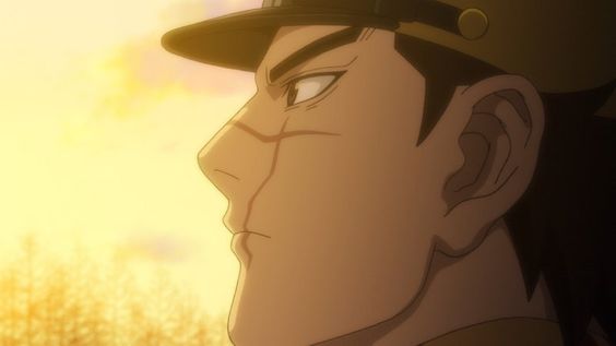 the image shows the right profile of a man's face. he is wearing a militarystyle hat and has a scar running down his cheek. the lighting is warm and golden, creating a sense of determination.