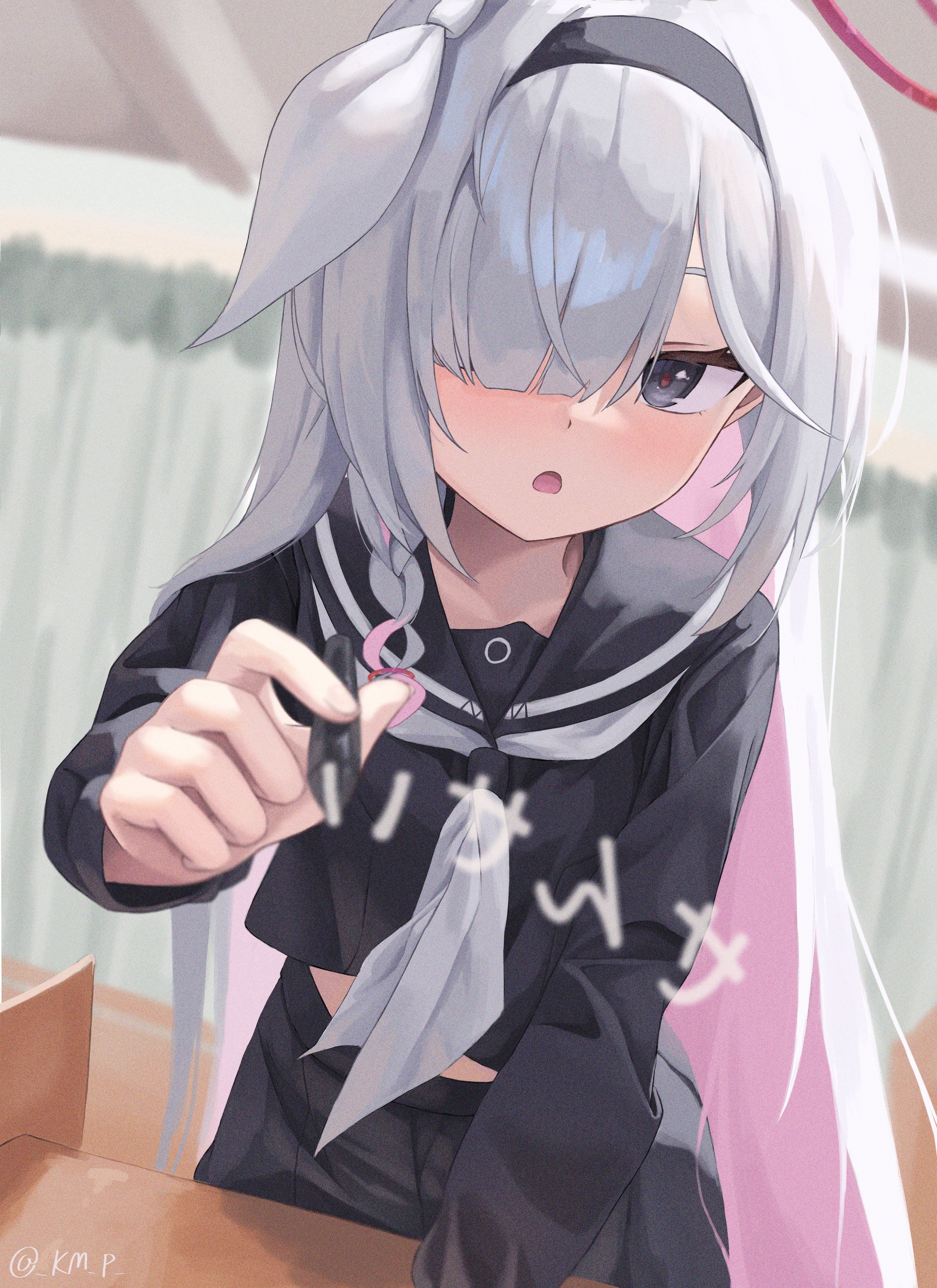 he image shows a closeup of an anime girl with long, mostly white hair with streaks of pink. she is wearing a darkcolored sailorstyle school uniform and a white headband. her bangs partially cover one eye, and her expression is slightly shy or focused.  she appears to be writing or drawing something on a surface that is mostly out of frame. the overall style is soft and somewhat dreamy, typical of anime and manga illustration.