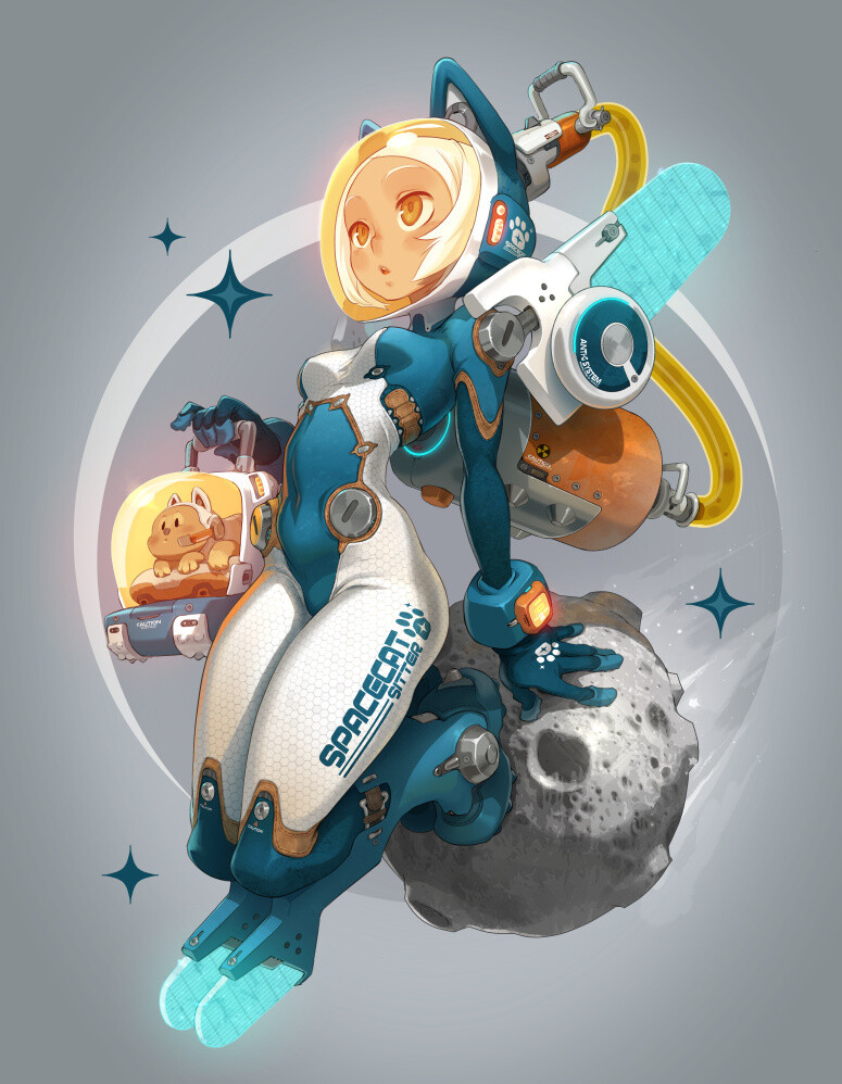 a cartoon astronaut girl with a cat design on her spacesuit is standing on a moon with a small cat in a space helmet behind her. she is looking off into the distance as if she is about to go on a space adventure. there are stars in the background.