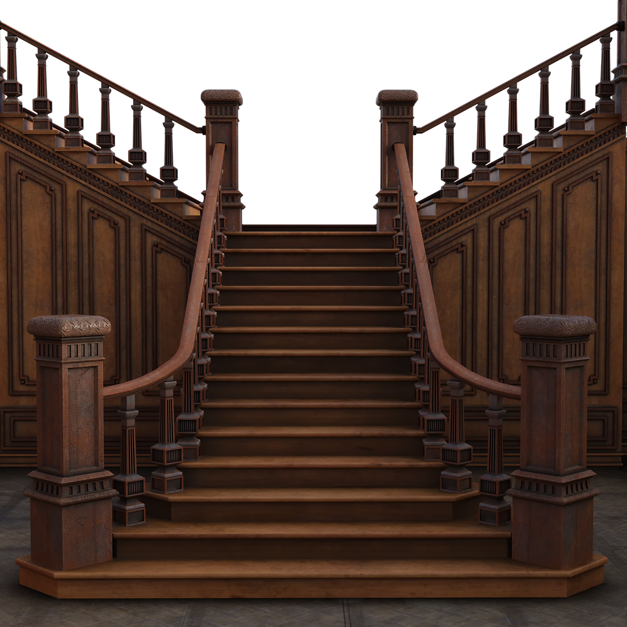 a beautifully crafted wooden staircase with ornate railings and decorative panels, set against a dark background. the staircase is the focal point, exuding a sense of vintage luxury and classic architectural design.