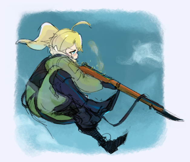 a young girl with blonde hair is drawn in an anime style in a green jacket holding a rifle. the background is a blue sky with clouds.