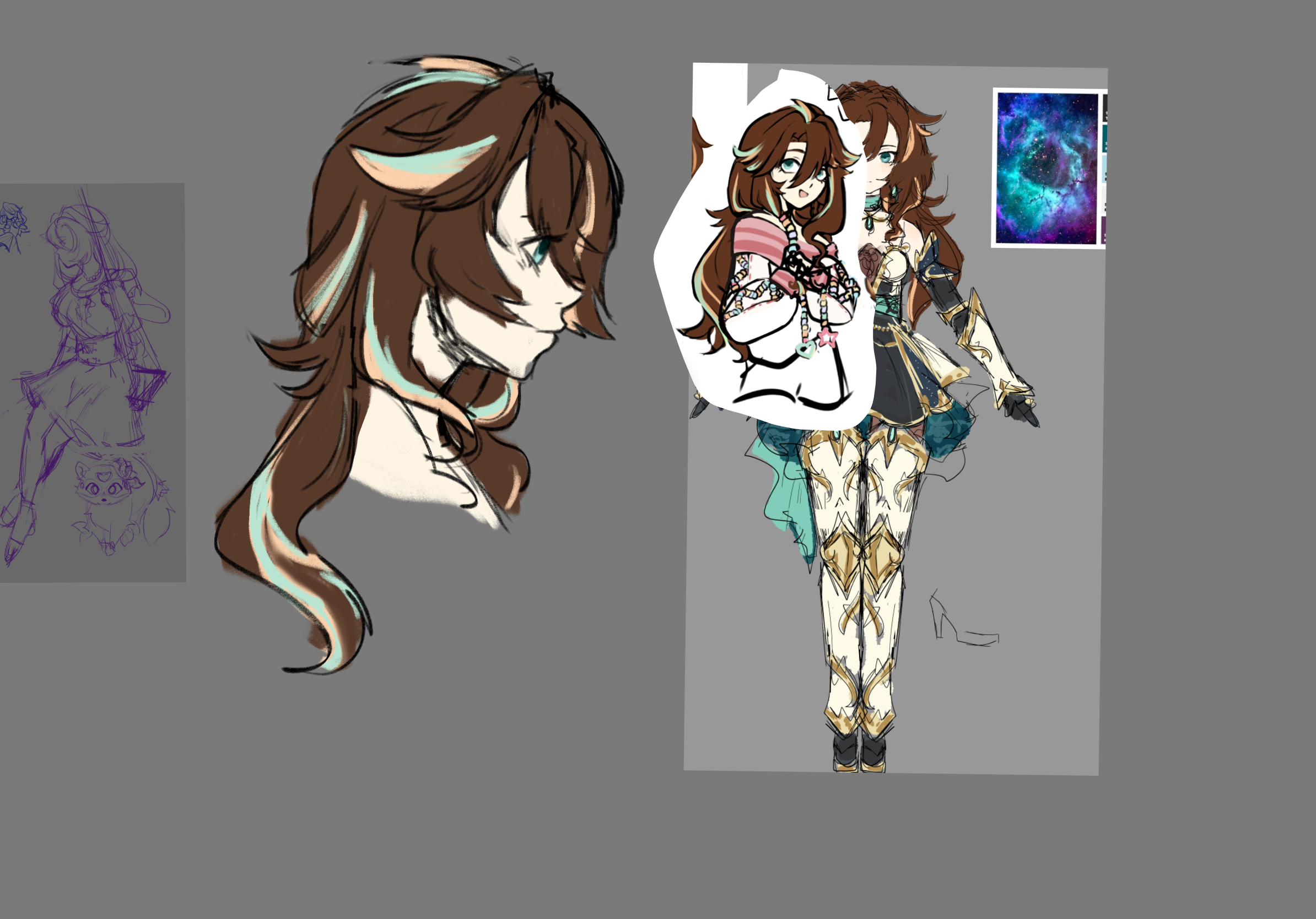 this image showcases concept art and character design sketches for a female fantasy warrior. the main focus is on a figure with long, flowing brown hair streaked with teal. she is dressed in light armor with gold accents, a flowing teal skirt, and a detailed breastplate. the image includes various stages of the design process, from rough sketches of poses and outfits to a more polished illustration of the character's head and shoulders.  there are hints of a galaxythemed background in one of the sketches.