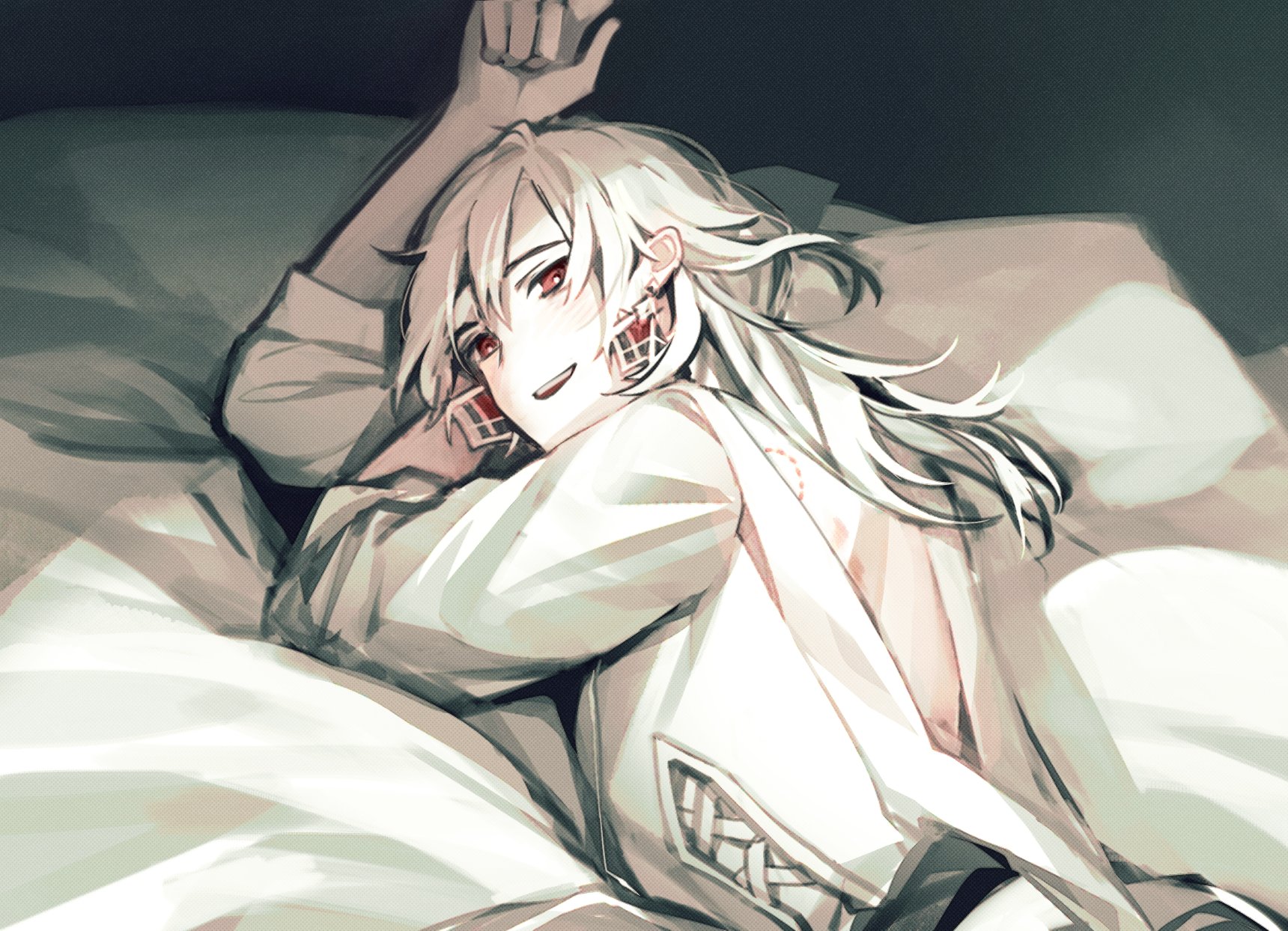this is an illustration of an anime boy with white hair and red eyes laying in a bed. he is wearing a white shirt, smiling, and blushing. he looks very cute and handsome.