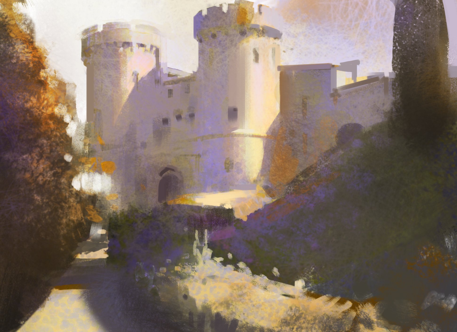 a digital painting of a castle with towers, walls, and a gate, set against a background of trees, bushes, and a cloudy sky. the castle is bathed in sunlight, casting long shadows. the painting is done in a loose, impressionistic style, with bold brushstrokes and vibrant colors. the focus of the painting is on the castle itself, but the background elements add depth and atmosphere to the scene. the overall impression is of a majestic and ancient place.