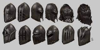 a collection of 12 different medieval helmets drawn digitally on a light grey background.  each helmet is slightly angled to show the front and side.