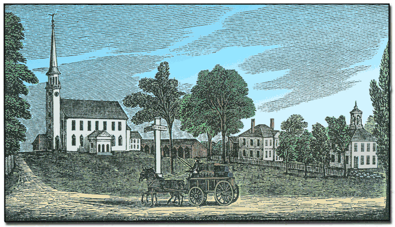 the image is an illustration of a rural town landscape featuring a church with a tall steeple on a hill. a horsedrawn carriage is traveling down a street in the foreground. several buildings and houses are visible among the trees, with a signpost in the center. the sky is blue with sparse clouds. the style of the illustration appears old and vintage.