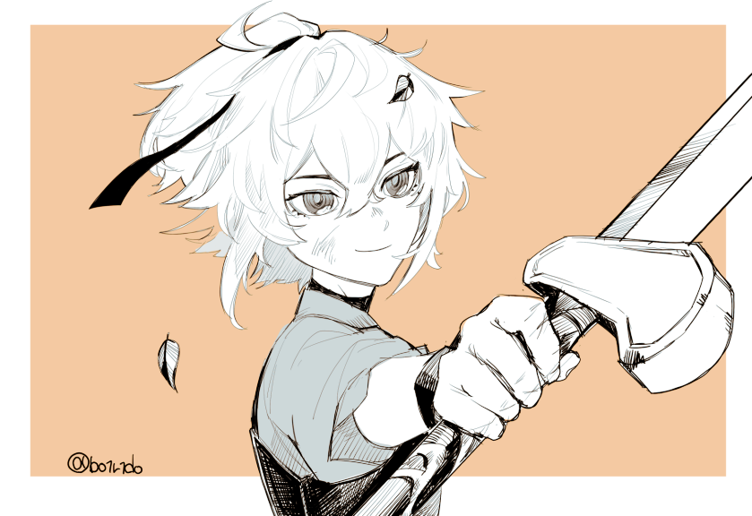 a black and white drawing of an anime girl with white hair holding a sword in her hand. she is about to strike with a serious expression on her face. the background is a light orange color.