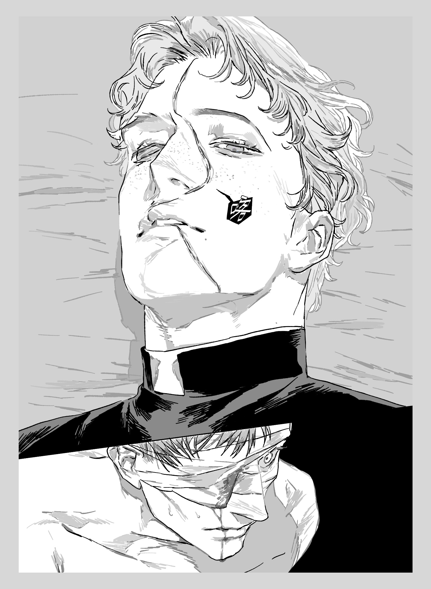 a black and white manga panel shows a portrait of a priest with curly hair and a black collar. there is a cut on his cheek and a symbol on his cheek. in the bottom portion of the image is a head shot of gojo satoru from jujutsu kaisen. his eyes are bandaged.