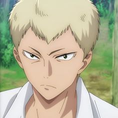 this is an animestyle drawing of a young man with short blonde hair and green eyes. he is wearing a white shirt. the background suggests he is standing outside, perhaps in a forest, and the soft lighting implies it may be overcast.