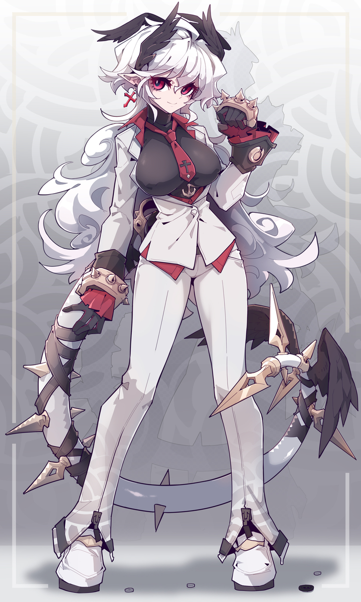 an animestyle full body illustration of a female character with white hair, red eyes, elf ears, and black horns. she is wearing a white suit with red trim, a red tie with an anchor symbol, gloves, and white boots. she has a long, spiked tail, and is holding an object in her gloved hand. the background is a light grey color with a faint pattern.