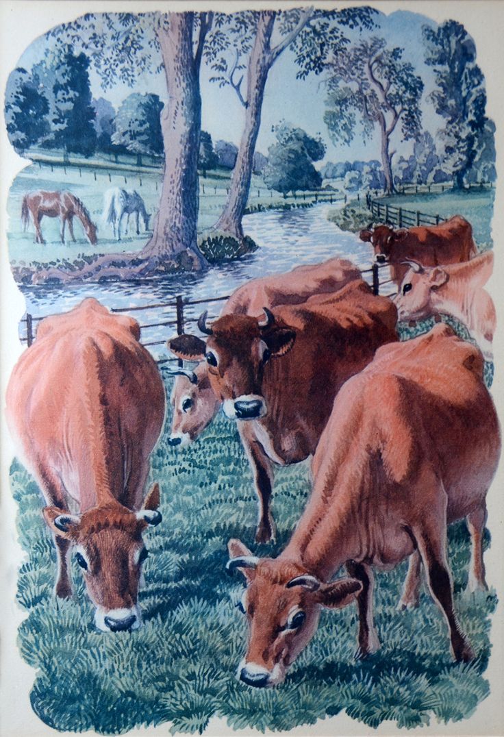 a vintage watercolor painting or illustration depicting a peaceful rural scene.  several guernsey cows are grazing in a lush green pasture beside a tranquil river.  horses are visible in the background, and the scene is framed by mature trees. the overall mood is idyllic and serene. the style suggests a vintage illustration, possibly from a book or advertisement.
