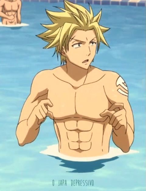 this is a closeup shot of an anime male character in a swimming pool. he's shirtless and has a toned muscular build. he is blonde with a sixpack and is looking at the camera. he is surrounded by water in the pool, with some water splashing around him.
