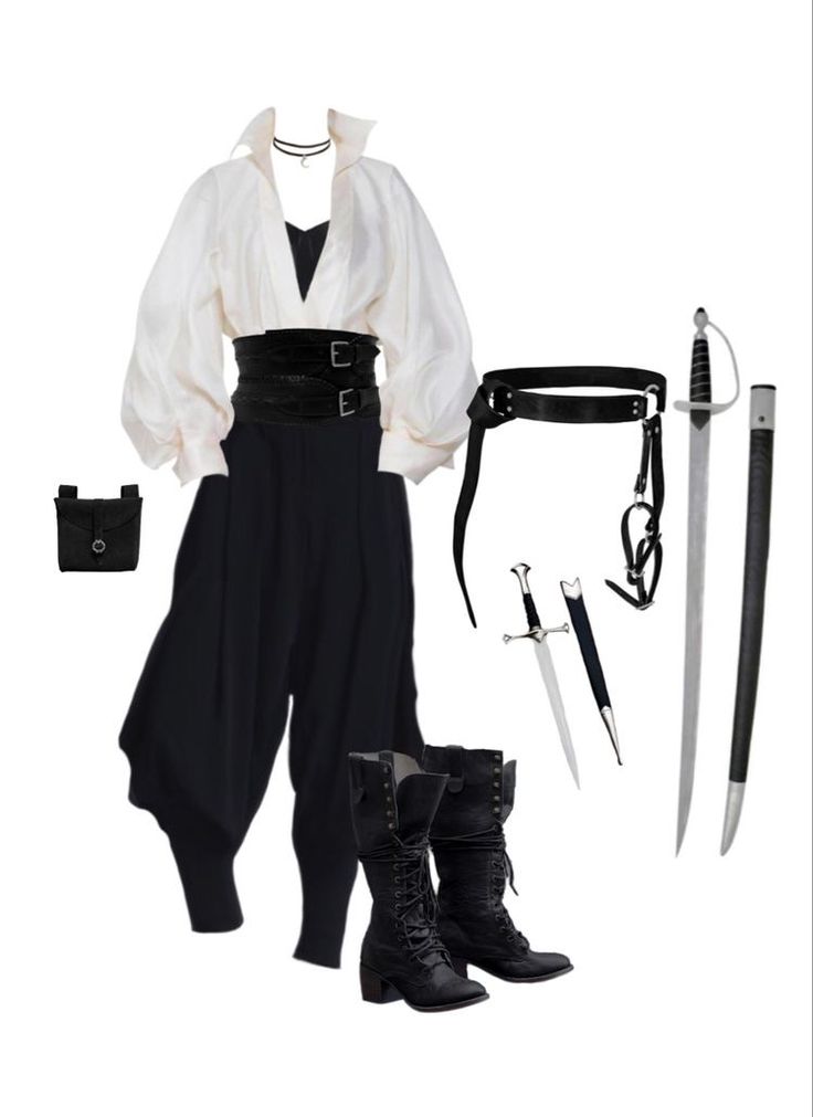 a fashion flat lay of a pirateinspired outfit against a white background. the outfit includes a white poet shirt, black harem pants, a black leather corset belt, black leather boots, a black leather pouch, a black leather sword belt with two daggers, and a silver sword.