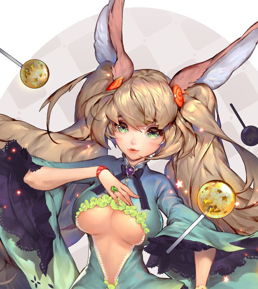 the image depicts a young, attractive, animestyle female character with long blonde hair styled in pigtails.  she has large green eyes and wears a playful expression. she is dressed in a predominantly green and white outfit with a plunging neckline, resembling a fantasy costume.  large bunny ears sprout from her head, and she holds a lollipop resembling a golden planet. more of these planetlike lollipops float around her. the art style is soft and emphasizes her cuteness and charm.