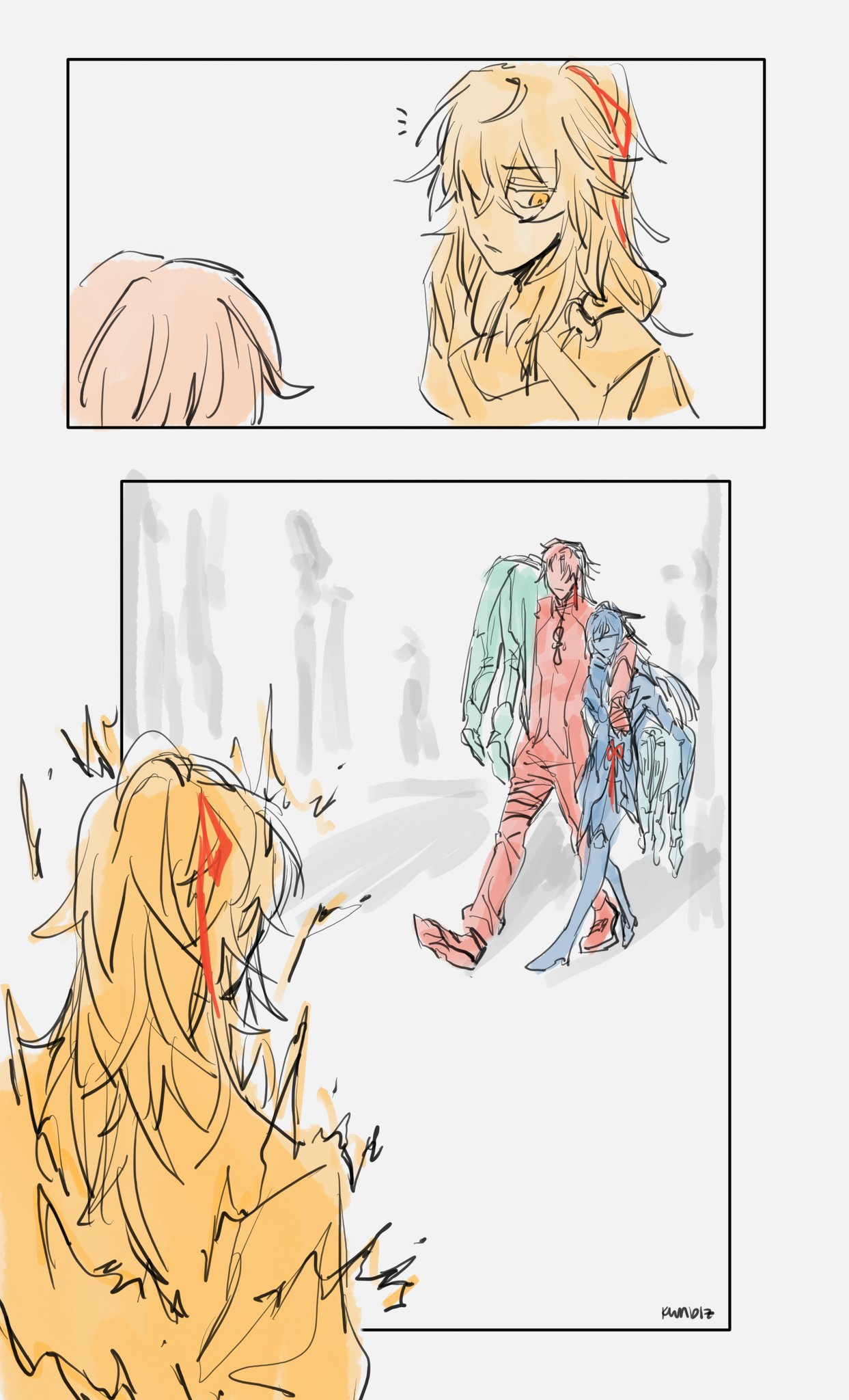 the first panel shows a girl with long blonde hair wearing a hooded jacket. she has a concerned expression on her face. the second panel shows the girl with long blonde hair in the first panel from behind, she looks confused or worried, in the foreground. in the background, a guy wearing a red jacket and green shirt, holds a girl wearing a blue outfit with a green coat. the girl wearing a blue outfit has a blue hair. the background is filled with graycolored squares representing a snowy forest scene.