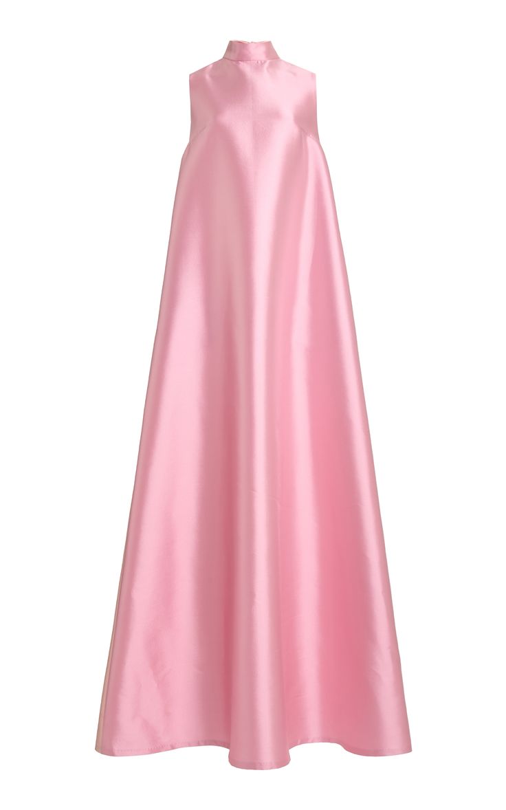 this is a picture of a beautiful pink satin dress. the dress is sleeveless and has a high neck. the dress is simple, minimalist, and elegant, making it perfect for a formal occasion.