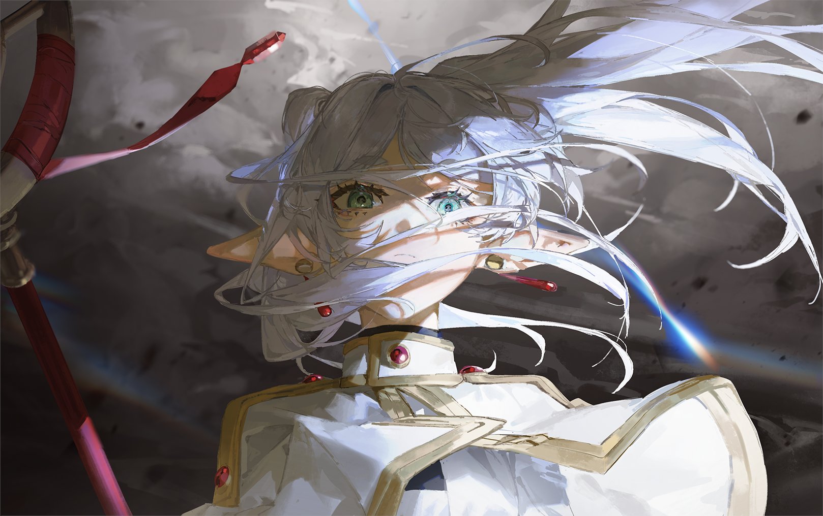 a dynamic illustration of a female elf warrior amidst a blurred and chaotic battle scene. she has long, flowing white hair and piercing green and red eyes. she wears a white and gold uniform and wields a staff adorned with red ribbons. the perspective is from a low angle, emphasizing her power and determination. the lighting is dramatic, with backlighting creating a halo effect around her hair. the overall palette is cool and muted, with grays and whites dominating the image.