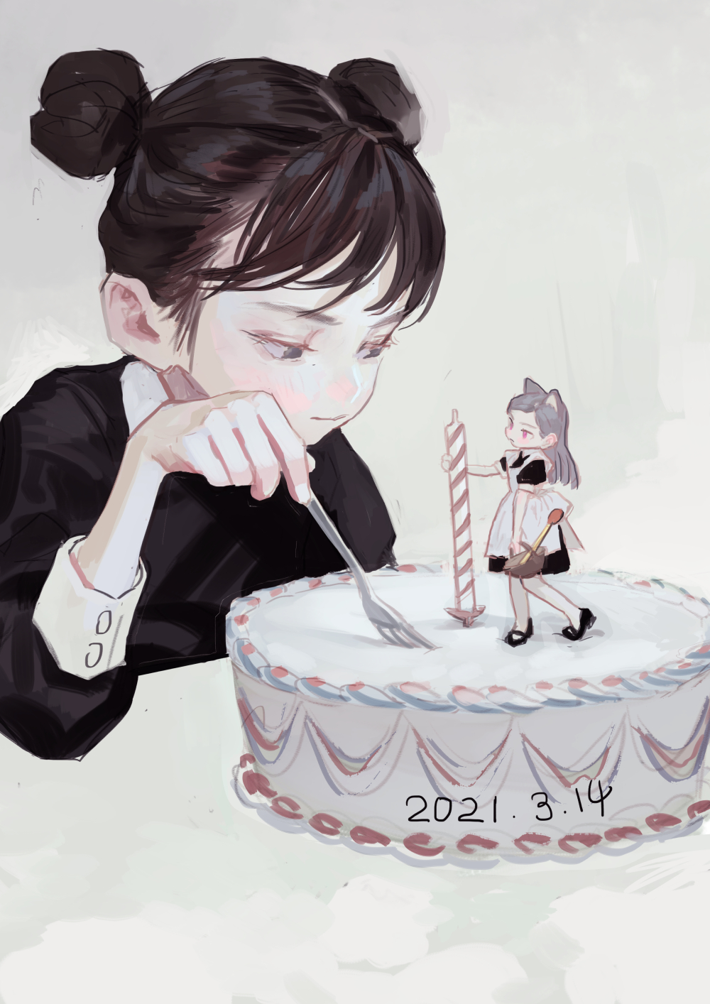 the image is an illustration of an anime/manga style girl looking at a birthday cake. the girl has her hair up in two buns, is wearing a black outfit with white cuffs, and has a fork in her hand that she is using to seemingly test the cake. the cake is white with light blue and red decorations and has the date "2021.3.14" written on it. a small anime girl with cat ears and wearing a maid costume stands on the cake next to a tall candle with red and white stripes.