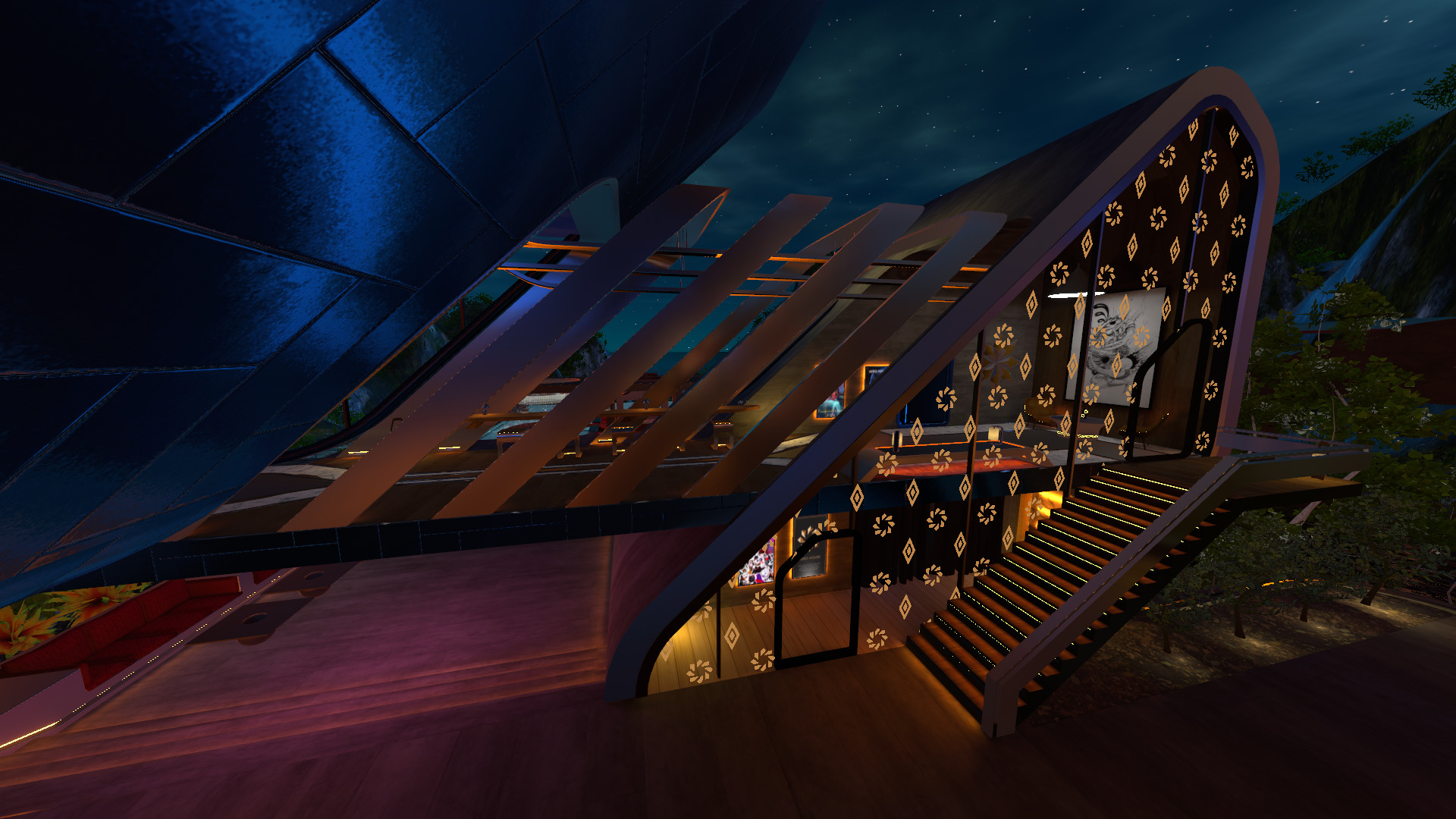 the image showcases a 3d rendering of a modern, futuristic home nestled on a hillside at night. the architecture is striking, combining sleek, dark metallic elements with warm, wooden accents and intricate geometric patterns reminiscent of asian design.  a prominent feature is a stylish, illuminated staircase leading to an entrance with glass walls offering glimpses into the interior. the exterior is lit dramatically against the night sky, highlighting the home's unique design and luxurious feel.  the surrounding landscape hints at a tropical or subtropical setting.  the overall ambiance is one of sophisticated elegance and futuristic charm.