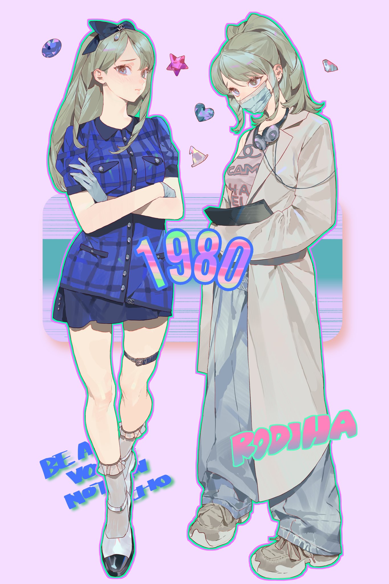 the image shows two anime girls with light green hair on a pink background. the girl on the left wears a blue plaid dress with a white gloves and a skirt with leg garters and the girl on the right is wearing a white blouse, oversized jeans and a white coat. the right girl is wearing a face mask and has headphones around her neck and is carrying a laptop. there is text "1980" in the middle and at the bottom are written "be a voter not a ho" on the left and "rodiha" on the right.