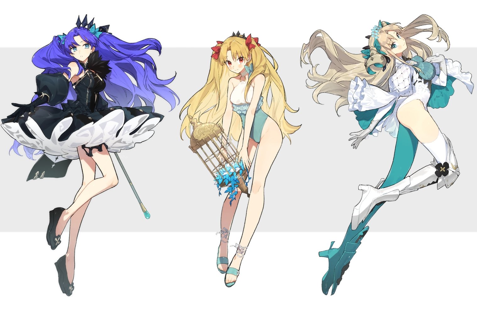 the image features three anime girls. they are all dressed in different clothes and have long, flowing hair. the girl on the left has blue hair and is wearing a black and white dress. the girl in the middle has blonde hair and is wearing a blue swimsuit. the girl on the right has blonde hair and is wearing a white dress with blue accents. the girl in the middle is holding a bird cage with blue flowers in it, and the girl on the right is holding a pair of wings. the girls are all standing in front of a plain white background.