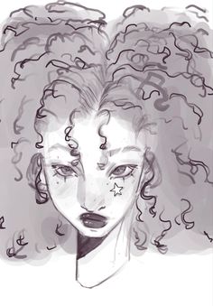 a stylized black and white digital sketch of a woman's face. she has large, curly hair, high cheekbones, and a neutral expression. a small star is drawn beneath her right eye. the style is loose and expressive, with visible brushstrokes.