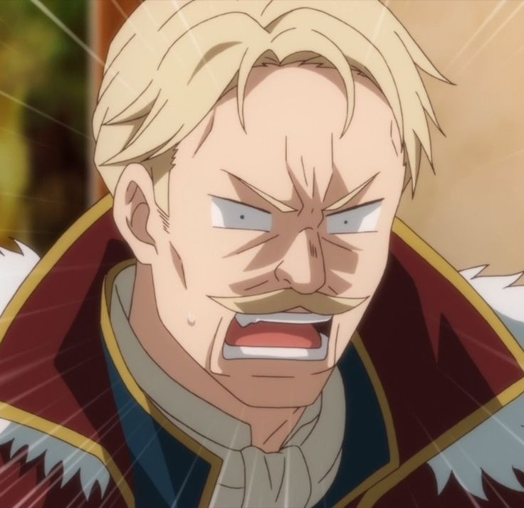 a closeup portrait of an anime character with blond hair and a mustache. he is wearing a red and blue cape with a white fur collar. his mouth is open in a wide, surprised, and shocked expression. he appears angry. he has a wide face with wide eyes.